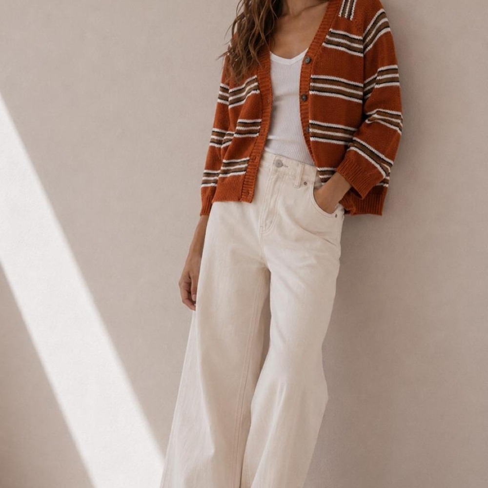 Do Not Ask Why orange, brown, and white striped cardigan